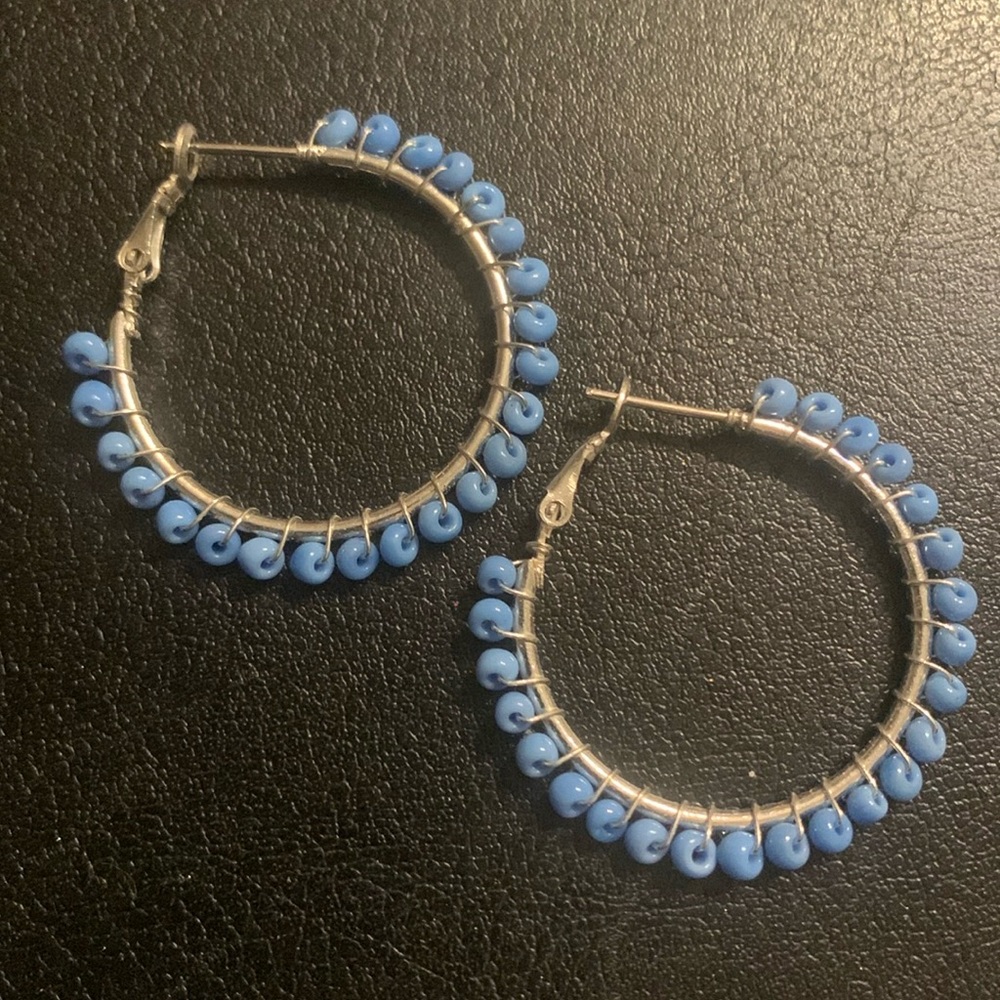 Blue micro beaded hoop earrings